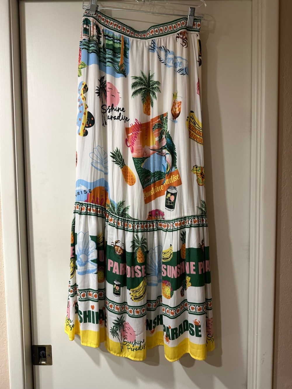 Rachel Zoe White Tropical Print Maxi Skirt with Green & Yellow Border - Picture 2 of 5